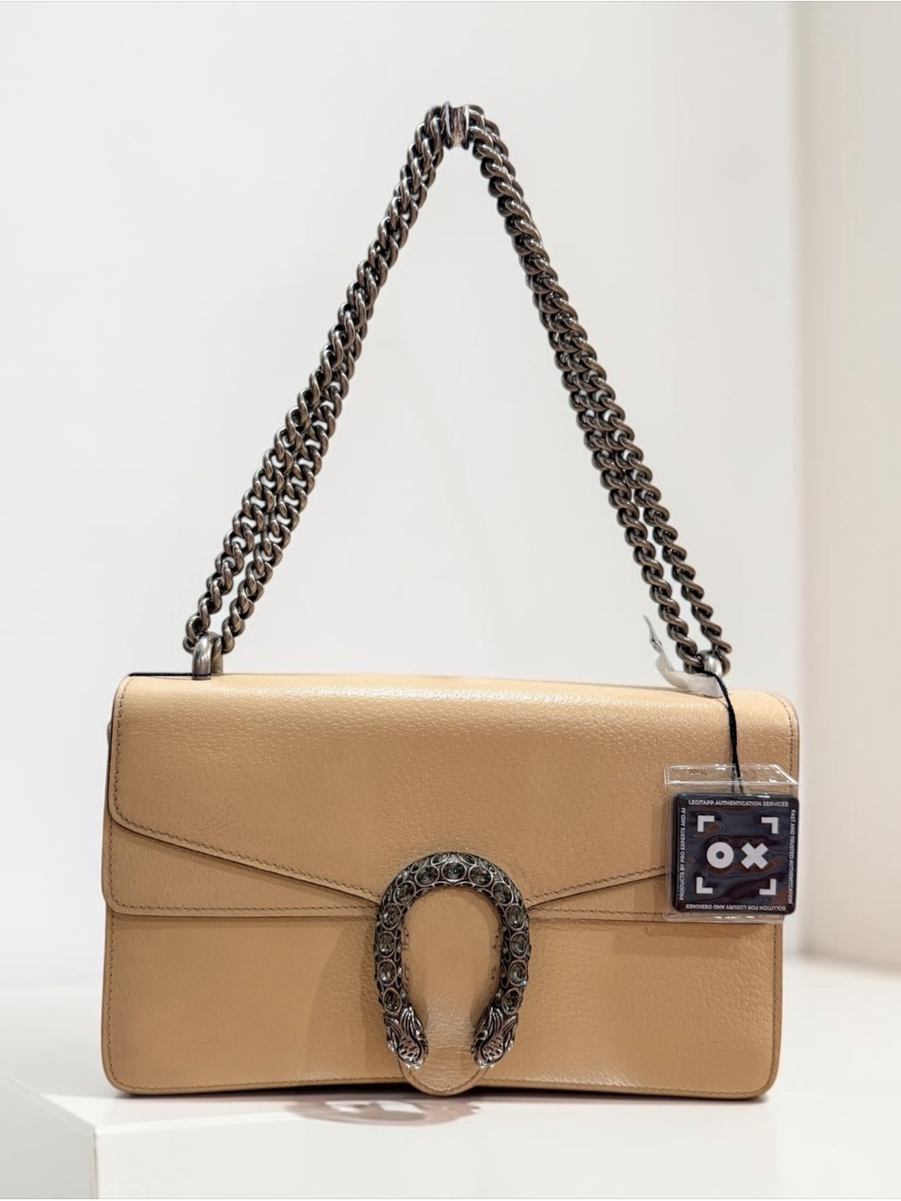GUCCI DIONYSUS SMALL BEIGE LEATHER CRYSTAL TIGER HEAD SHOULDER BAG